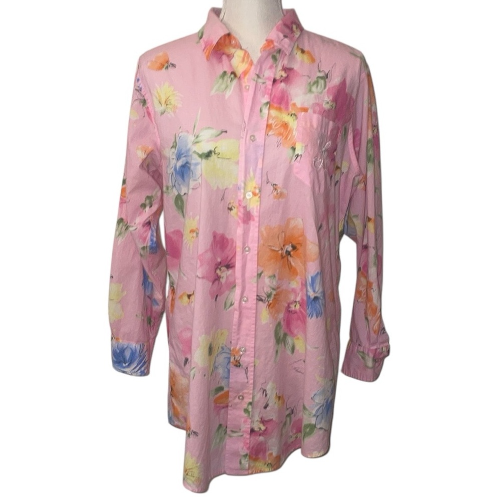 Lauren Ralph Lauren Pink Watercolor Floral Button Cotton Blouse Small/Medium‎